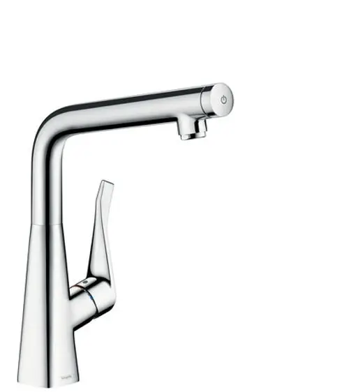 Hansgrohe-Spültischmischer mit einem schlanken, chromfarbenen Design. Die Armatur verfügt über einen Auslauf und einen seitlich angebrachten Griff zur Temperaturregelung.
